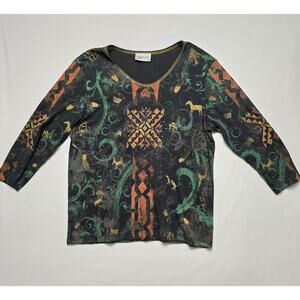 Vintage Cactus Bay Petroglyph Blouse Tribal Horse Print XL Long Sleeve Shirt